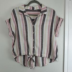 Sanctuary Striped Shirt Womens Large Button Up White Pastel Linen Tie Front